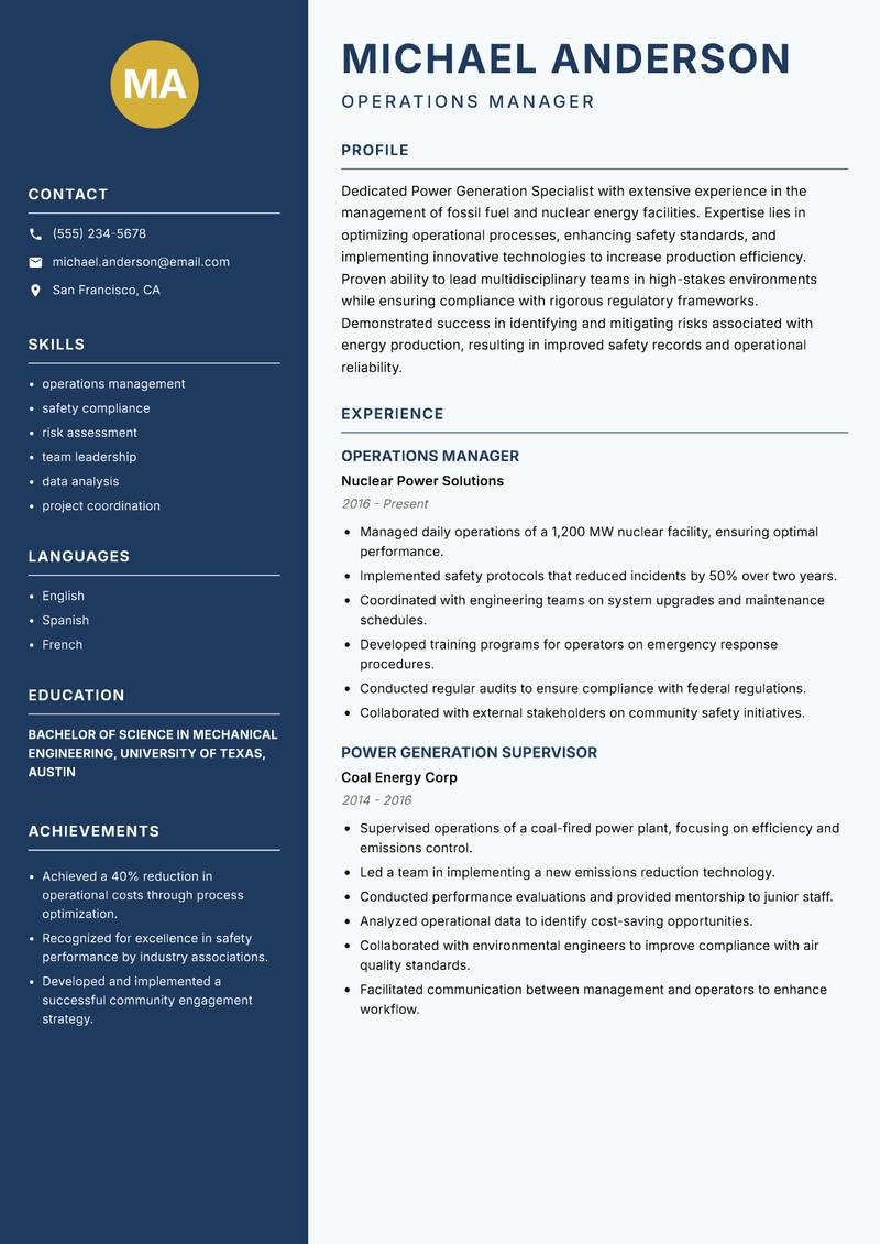 Power Generation Specialist resume sample — Operations Manager focus