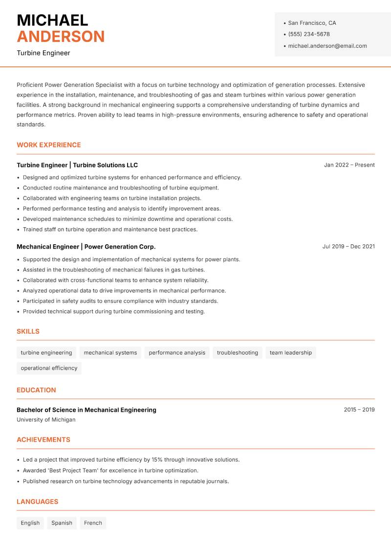 Power Generation Specialist resume sample — Turbine Engineer focus