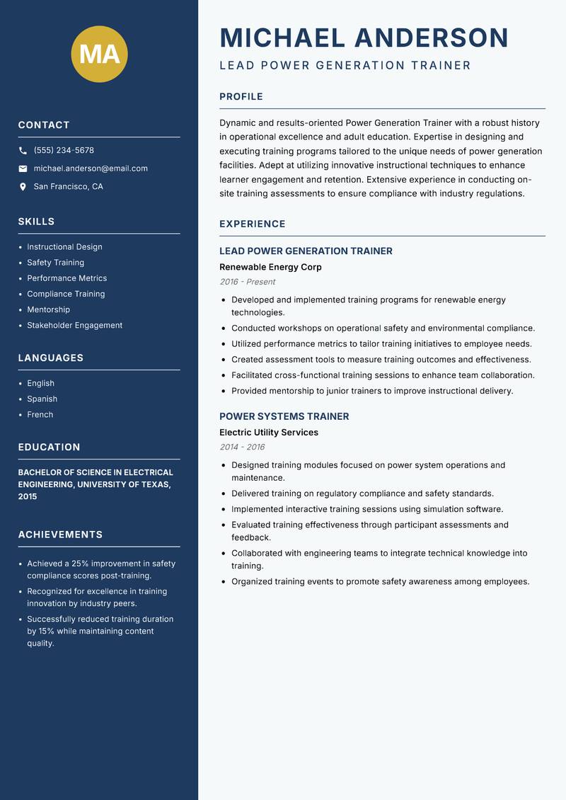 Power Generation Trainer resume sample — Lead Power Generation Trainer focus