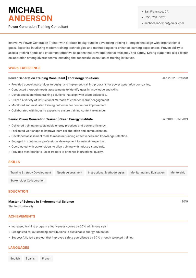 Power Generation Trainer resume sample — Power Generation Training Consultant focus