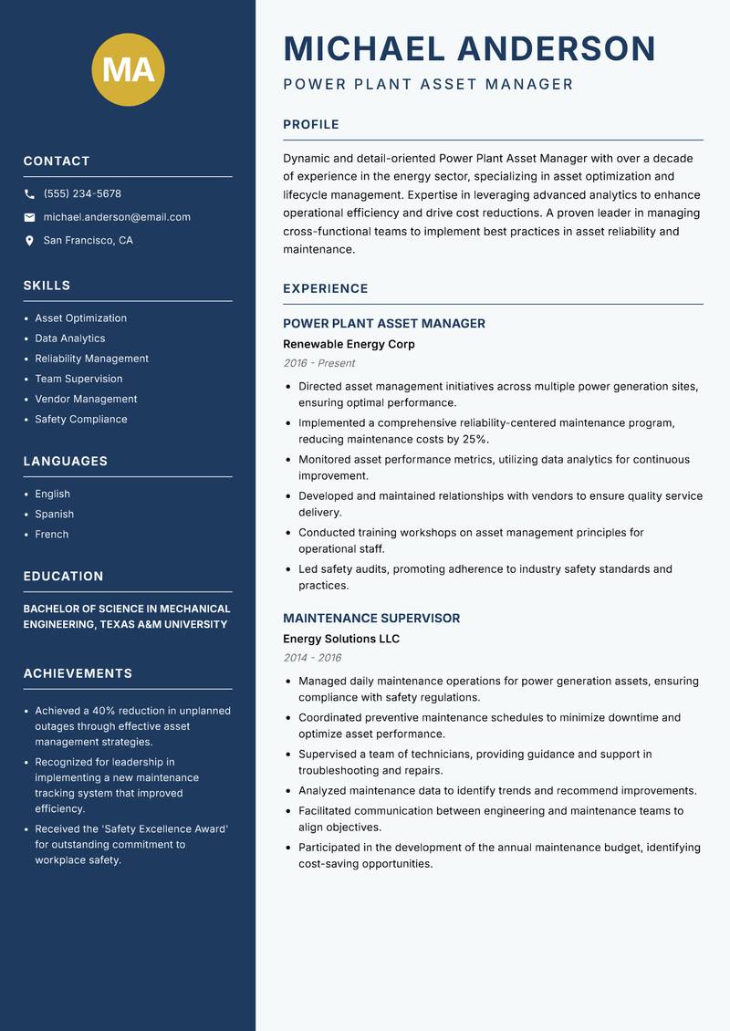 Power Plant Asset Manager resume sample — Power Plant Asset Manager focus