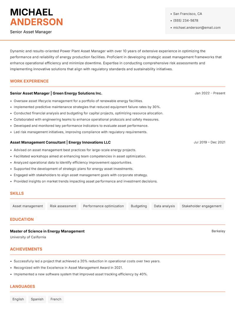 Power Plant Asset Manager resume sample — Senior Asset Manager focus