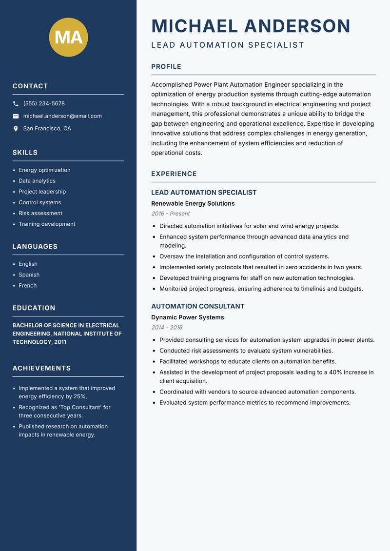 Power Plant Automation Engineer resume sample — Lead Automation Specialist focus
