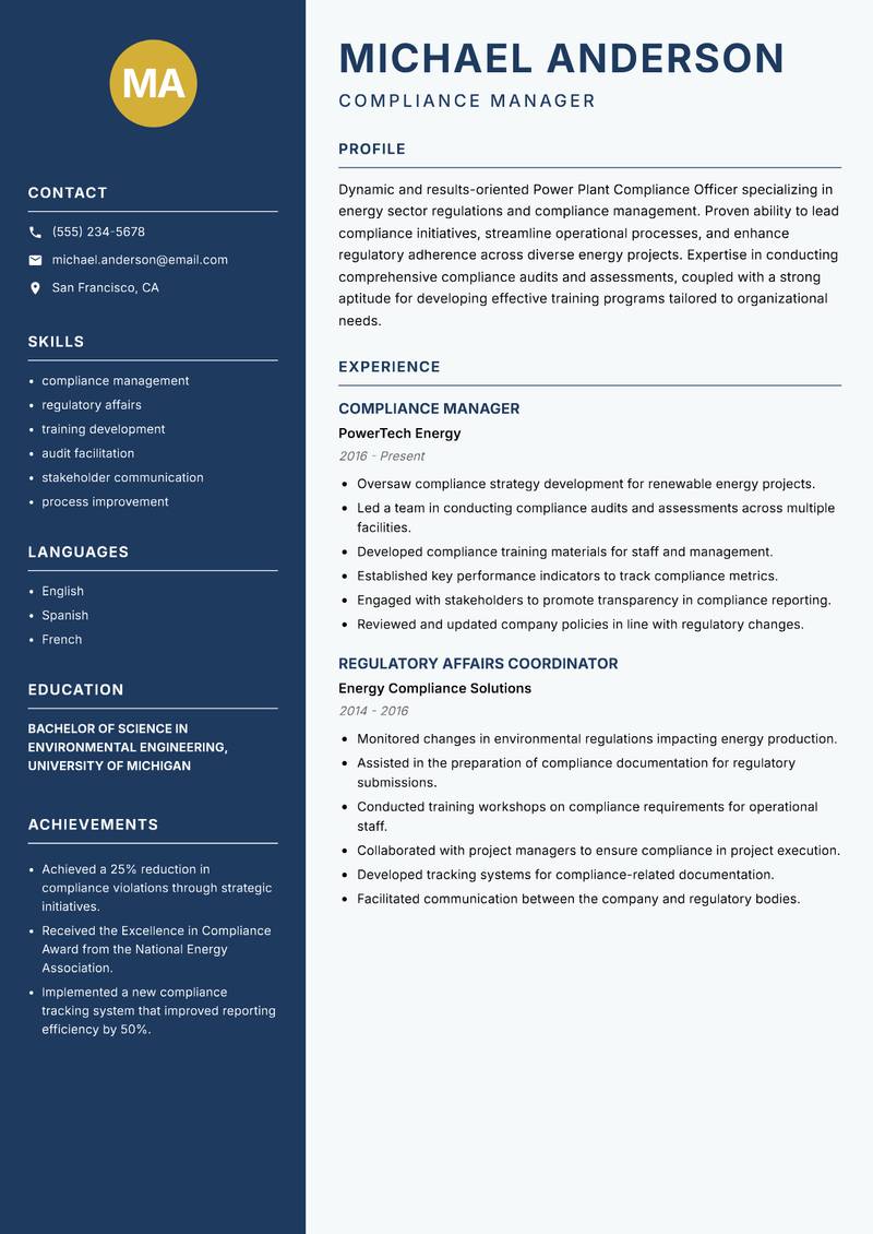 Power Plant Compliance Officer resume sample — Compliance Manager focus