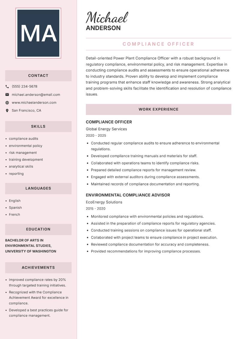 Power Plant Compliance Officer resume sample — Compliance Officer focus