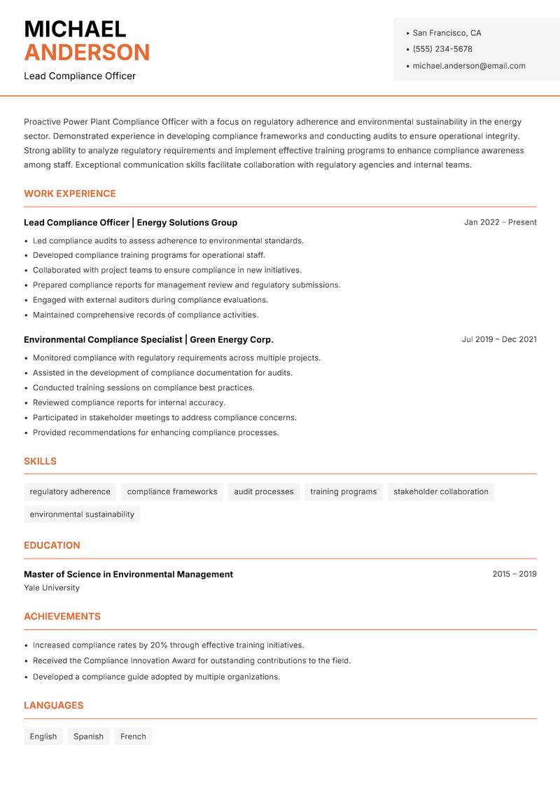 Power Plant Compliance Officer resume sample — Lead Compliance Officer focus
