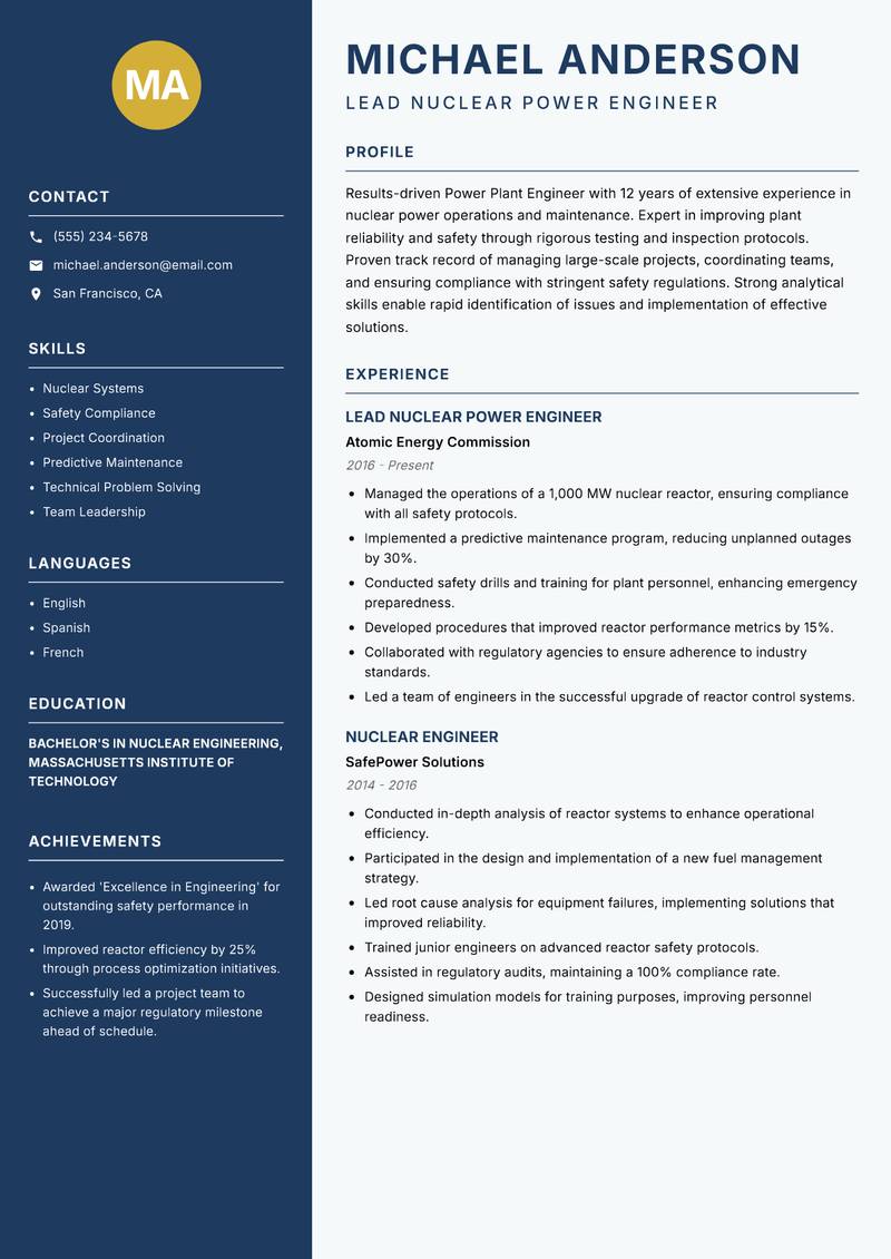 Power Plant Engineer resume sample — Lead Nuclear Power Engineer focus