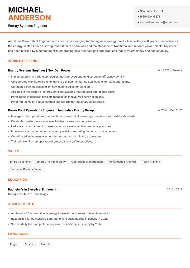 Power Plant Engineer resume sample — Energy Systems Engineer focus