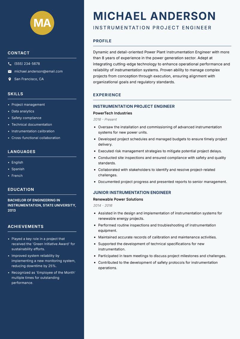 Power Plant Instrumentation Engineer resume sample — Instrumentation Project Engineer focus