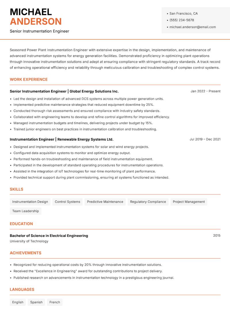 Power Plant Instrumentation Engineer resume sample — Senior Instrumentation Engineer focus