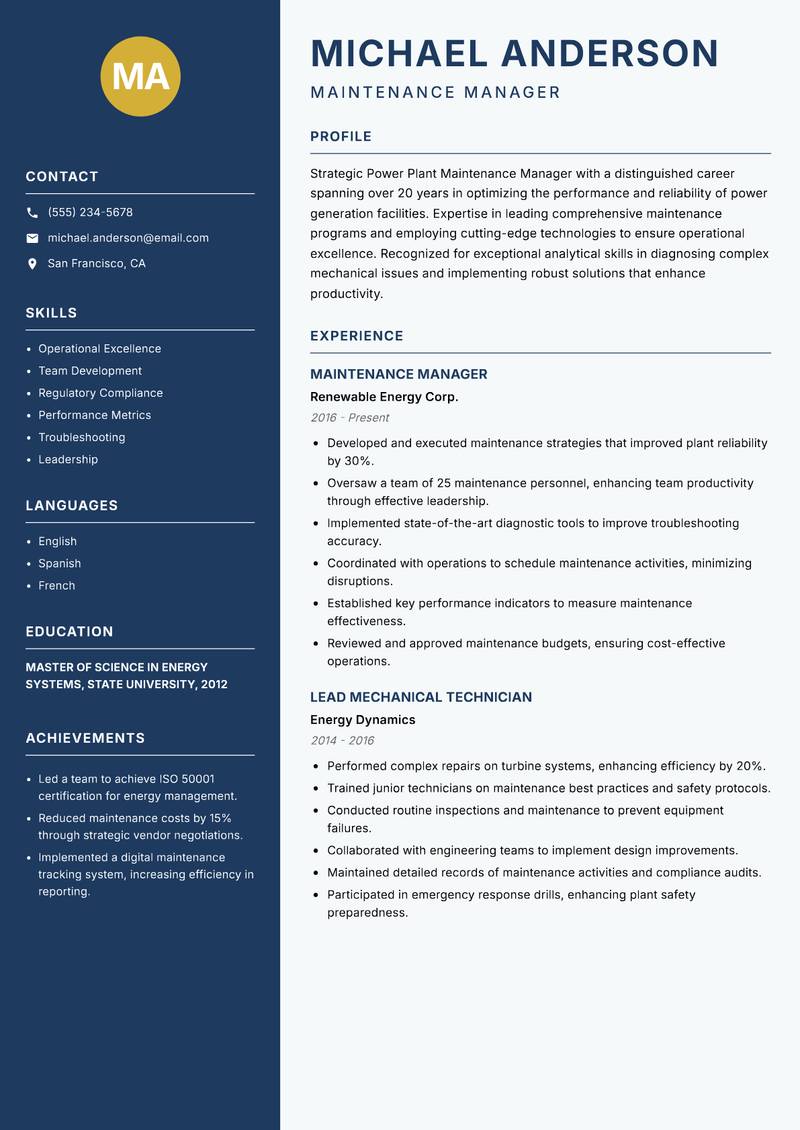 Power Plant Maintenance Manager resume sample — Maintenance Manager focus