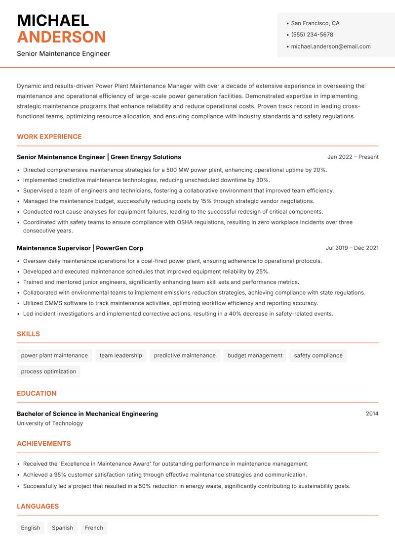 Power Plant Maintenance Manager resume sample — Senior Maintenance Engineer focus