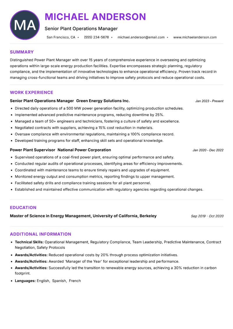 Power Plant Manager resume example