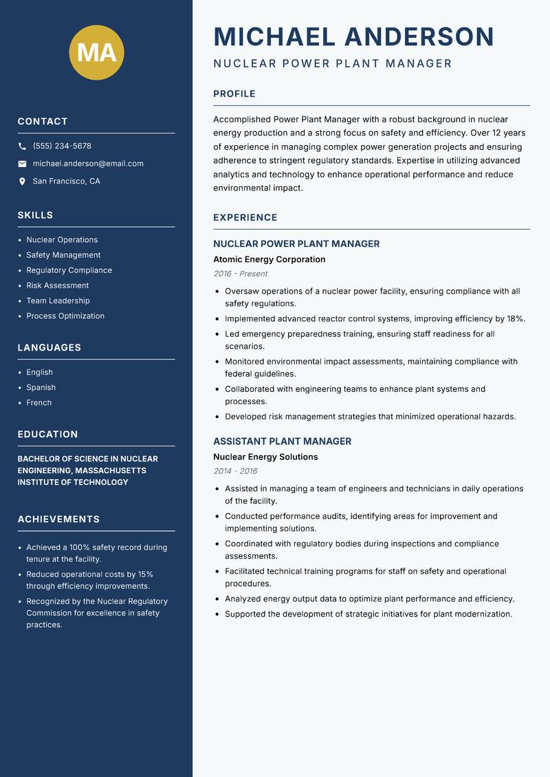 Power Plant Manager resume sample — Nuclear Power Plant Manager focus