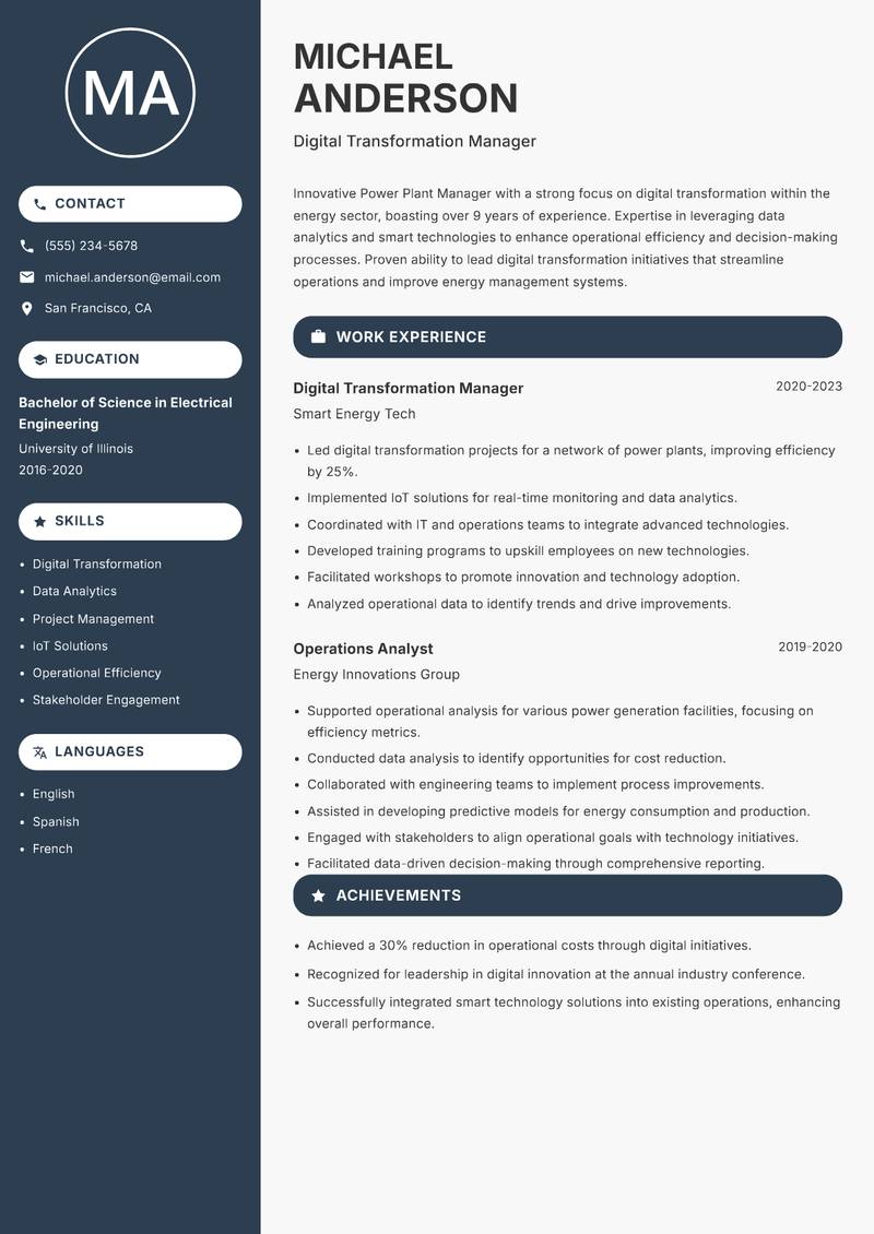 Power Plant Manager resume sample — Digital Transformation Manager focus