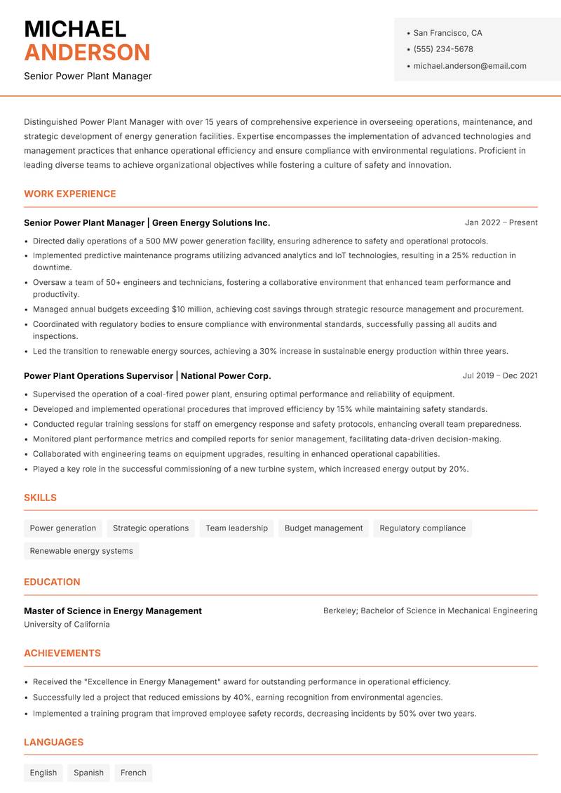 Power Plant Manager resume sample — Senior Power Plant Manager focus