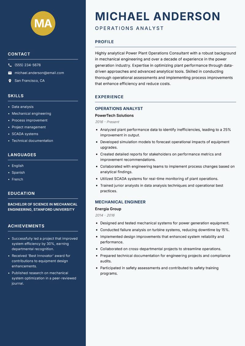Power Plant Operations Consultant resume sample — Operations Analyst focus