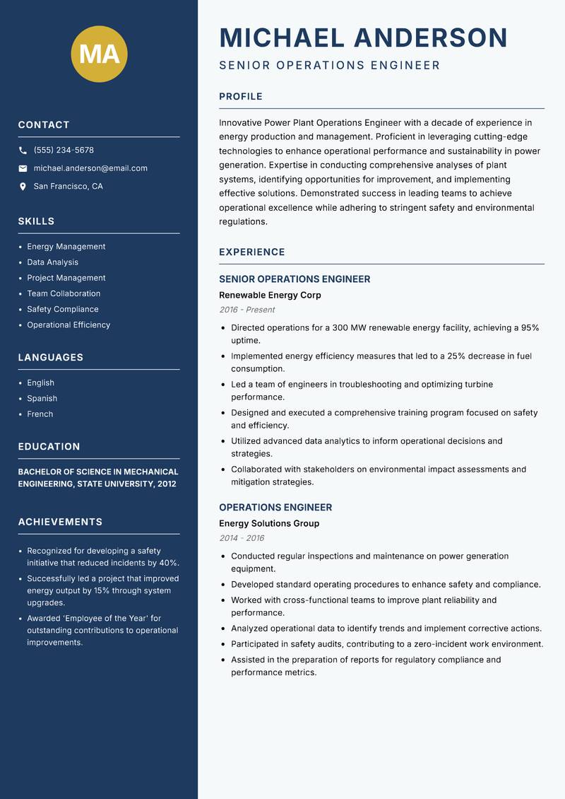 Power Plant Operations Engineer resume sample — Senior Operations Engineer focus