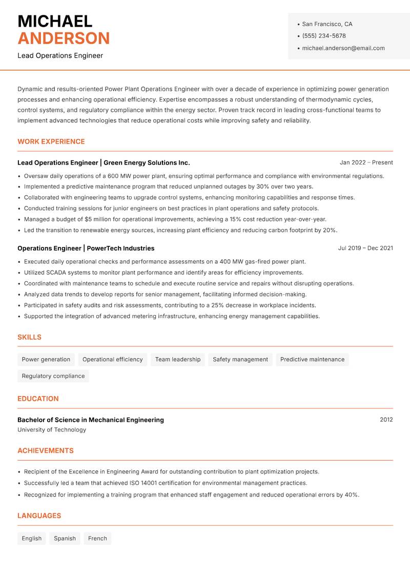 Power Plant Operations Engineer resume sample — Lead Operations Engineer focus