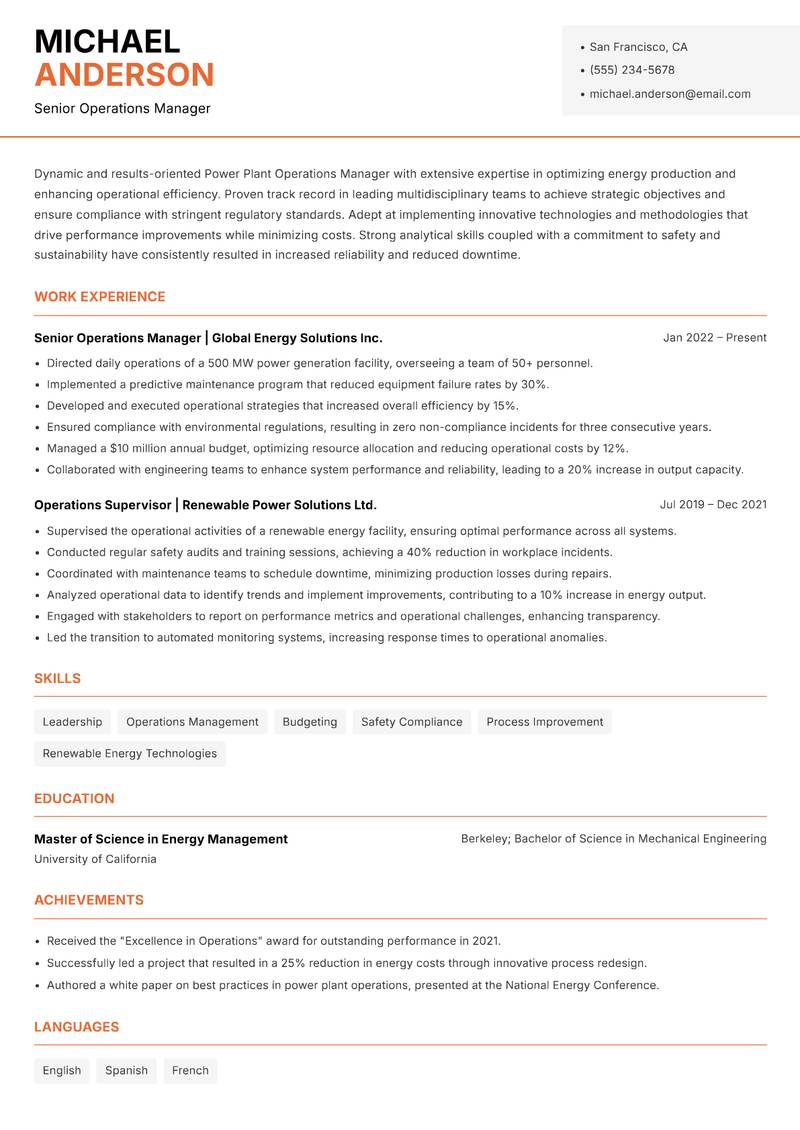 Power Plant Operations Manager resume sample — Senior Operations Manager focus