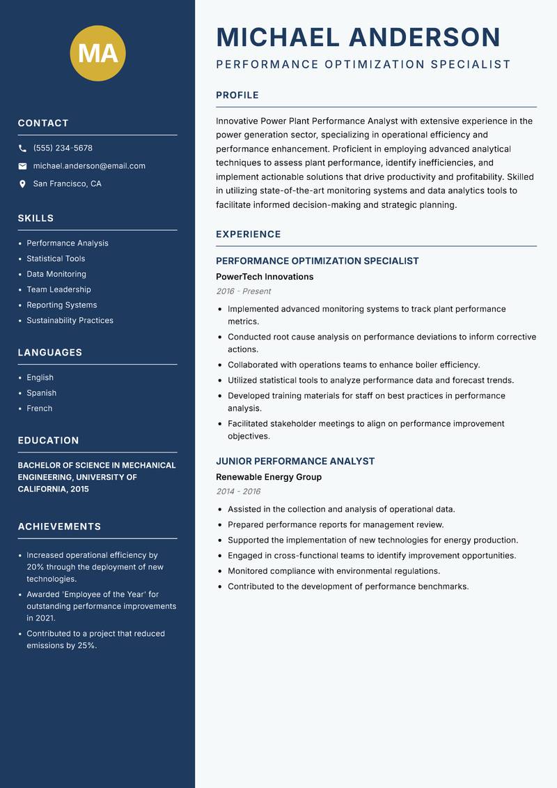 Power Plant Performance Analyst resume sample — Performance Optimization Specialist focus