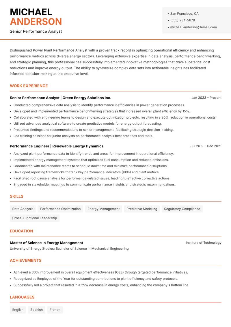 Power Plant Performance Analyst resume sample — Senior Performance Analyst focus