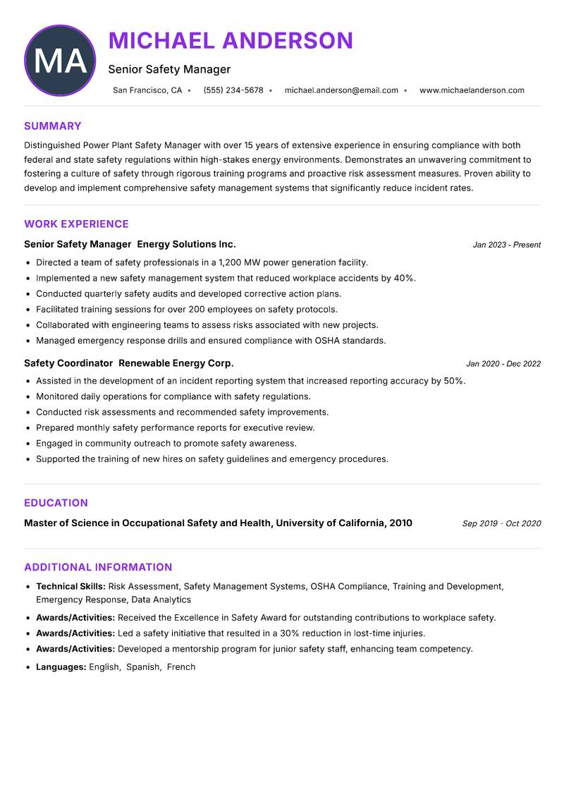 Power Plant Safety Manager resume example