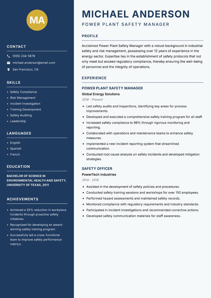 Power Plant Safety Manager resume sample — Power Plant Safety Manager focus
