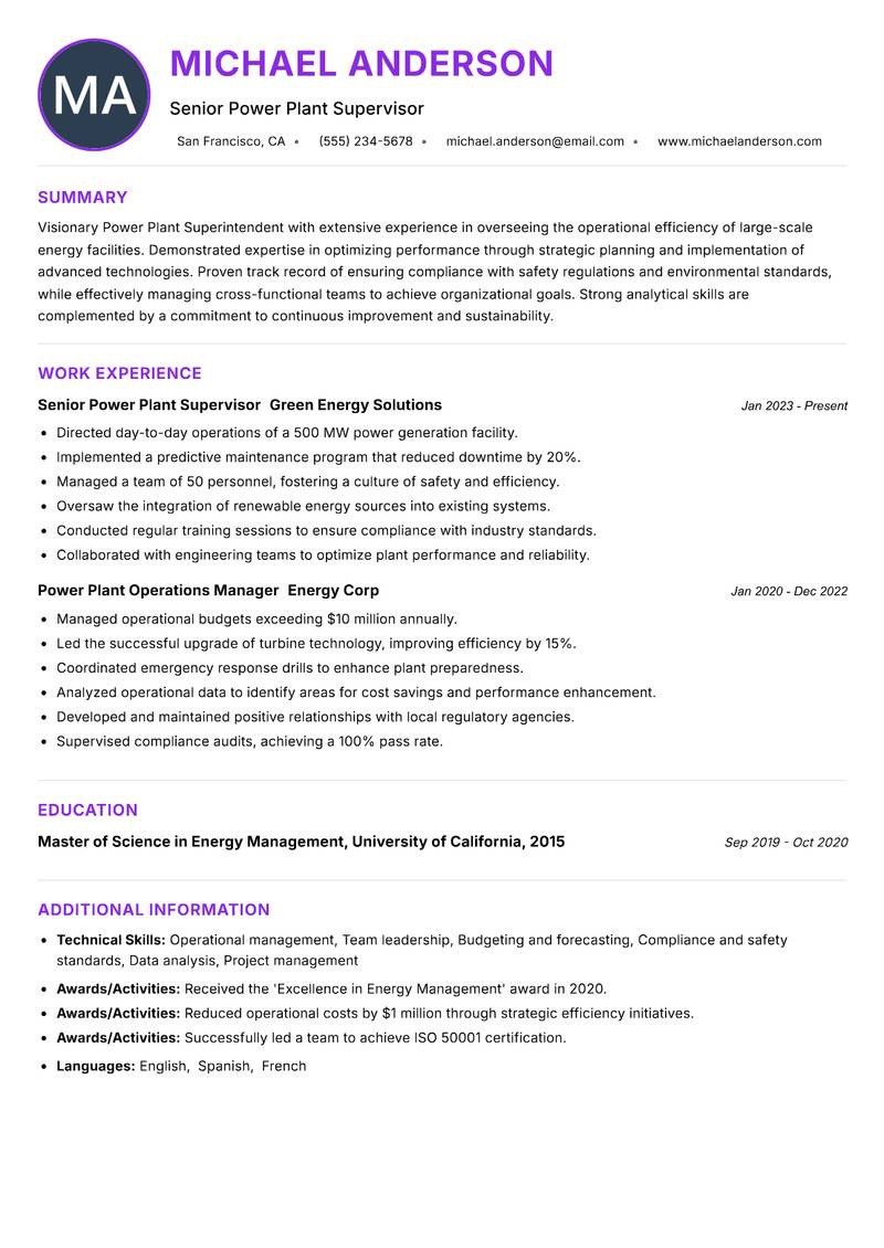 Power Plant Superintendent resume example