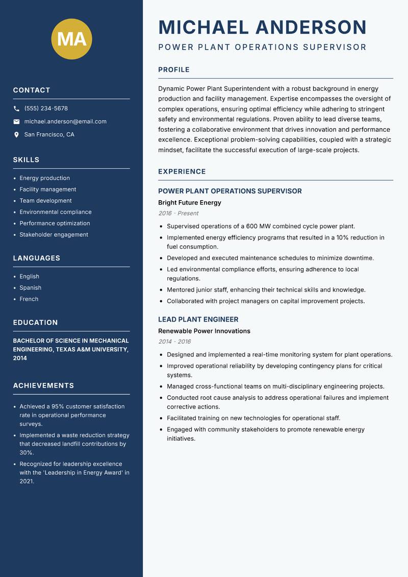 Power Plant Superintendent resume sample — Power Plant Operations Supervisor focus