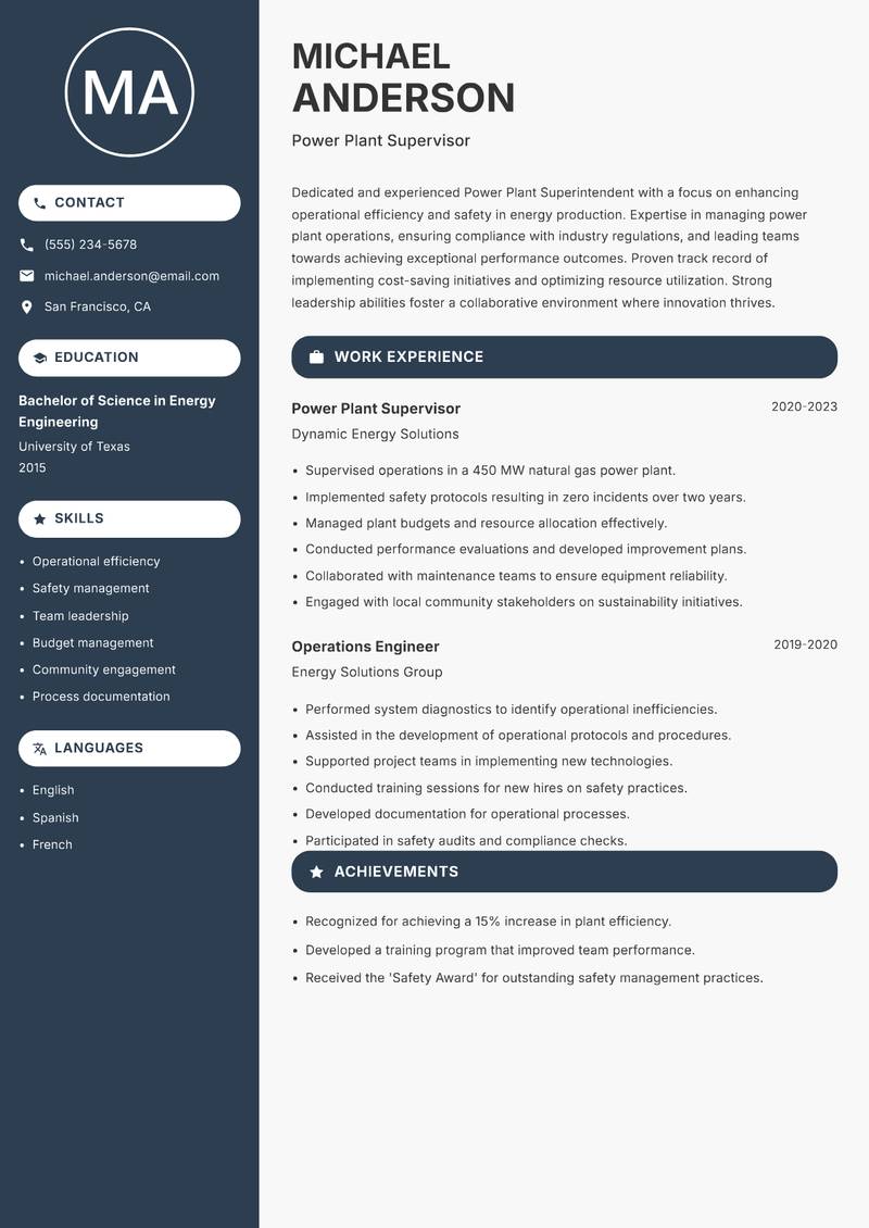 Power Plant Superintendent resume sample — Power Plant Supervisor focus