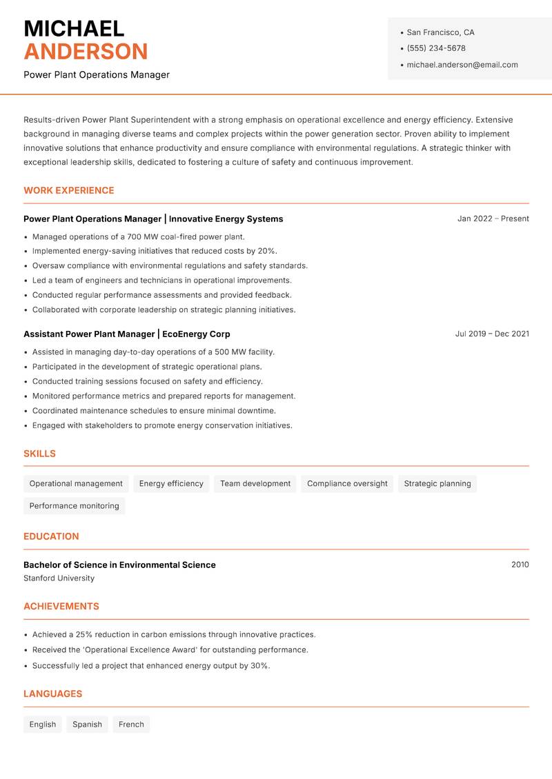 Power Plant Superintendent resume sample — Power Plant Operations Manager focus