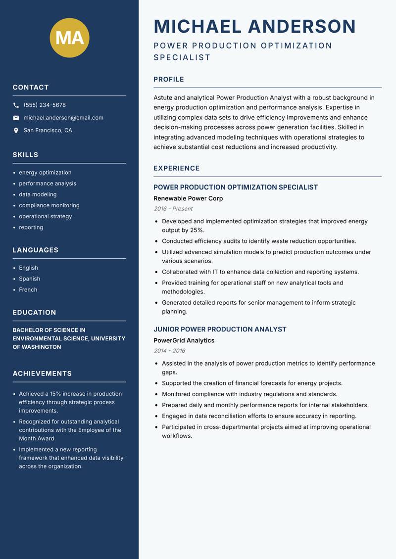 Power Production Analyst resume sample — Power Production Optimization Specialist focus
