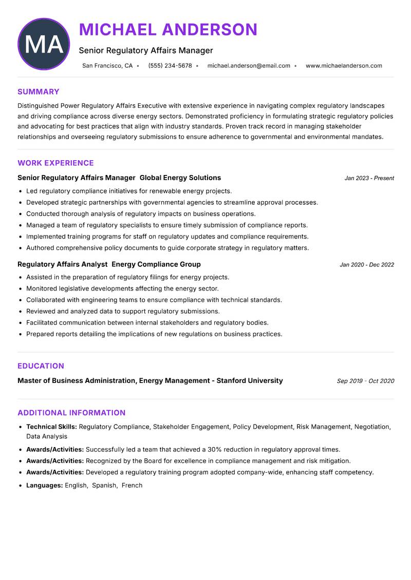 Power Regulatory Affairs Executive resume example