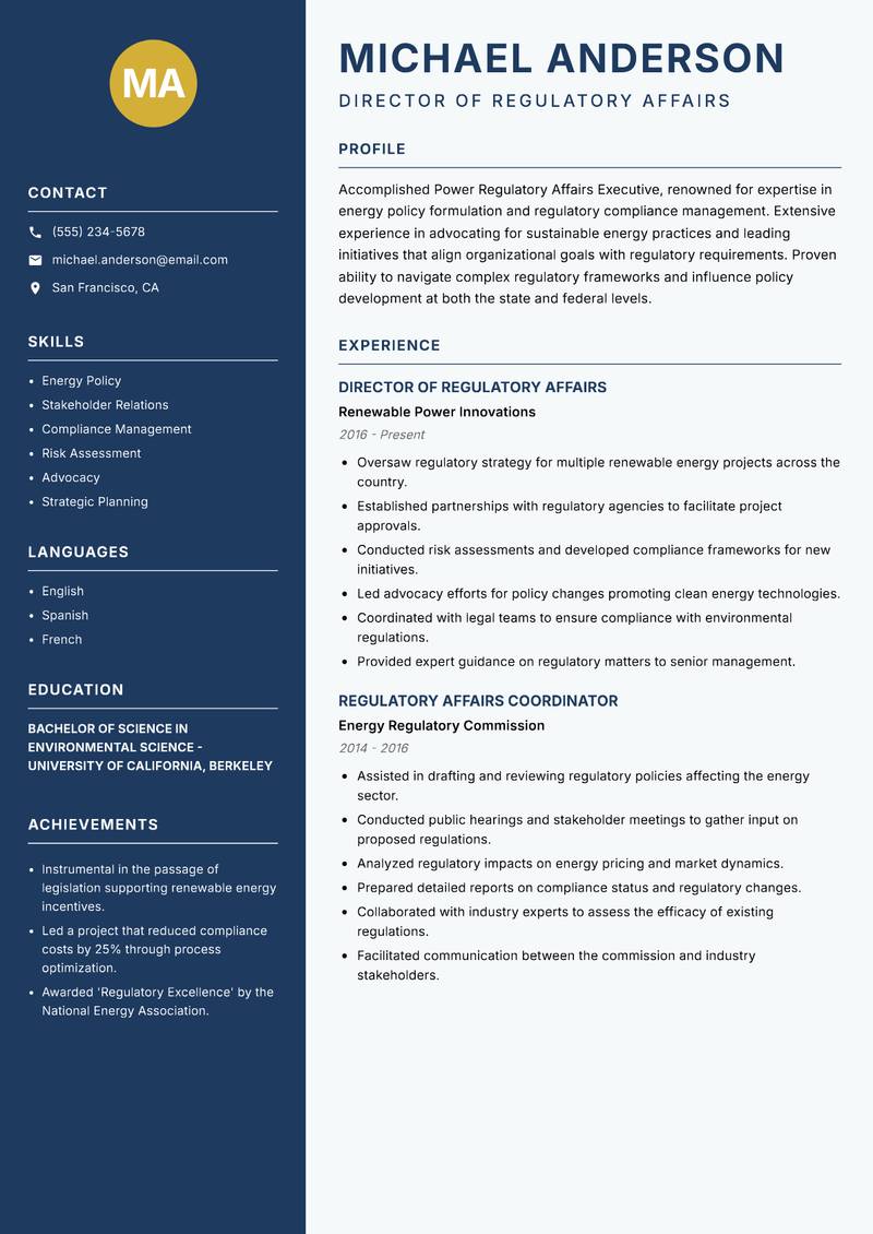 Power Regulatory Affairs Executive resume sample — Director of Regulatory Affairs focus