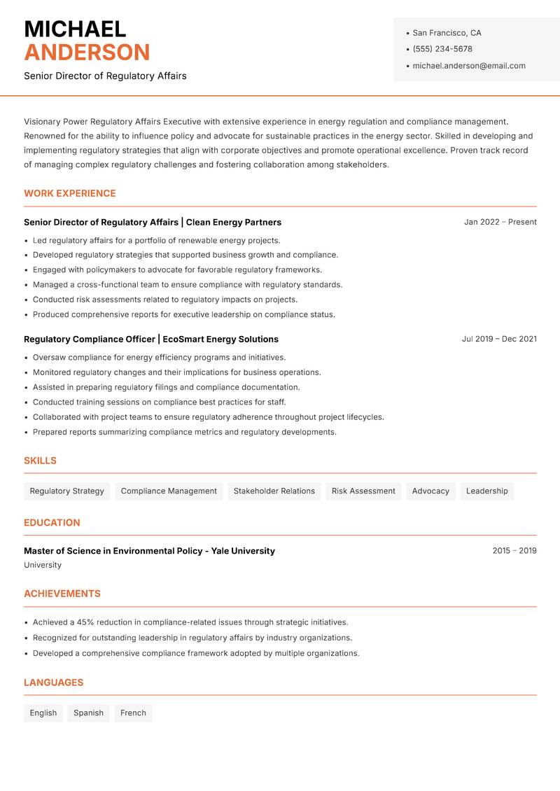 Power Regulatory Affairs Executive resume sample — Senior Director of Regulatory Affairs focus