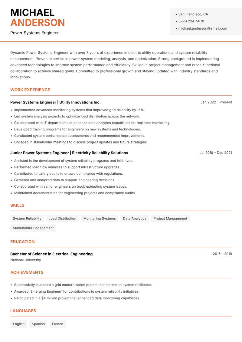 Power Systems Engineer resume sample — Power Systems Engineer focus