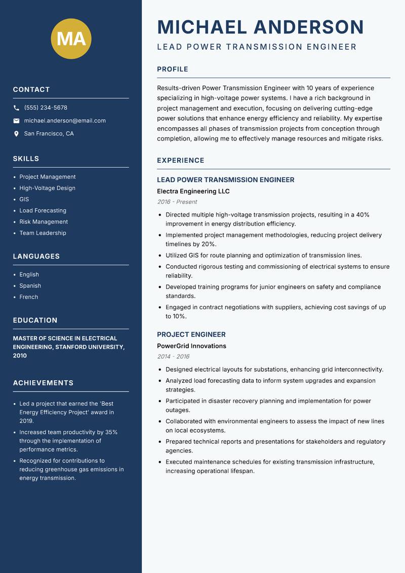 Power Transmission Engineer resume sample — Lead Power Transmission Engineer focus