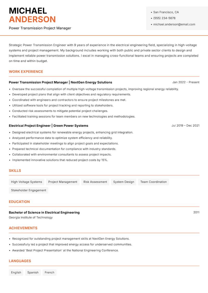 Power Transmission Engineer resume sample — Power Transmission Project Manager focus