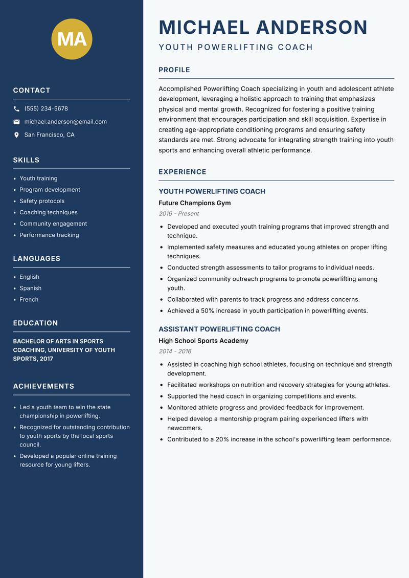 Powerlifting Coach resume sample — Youth Powerlifting Coach focus