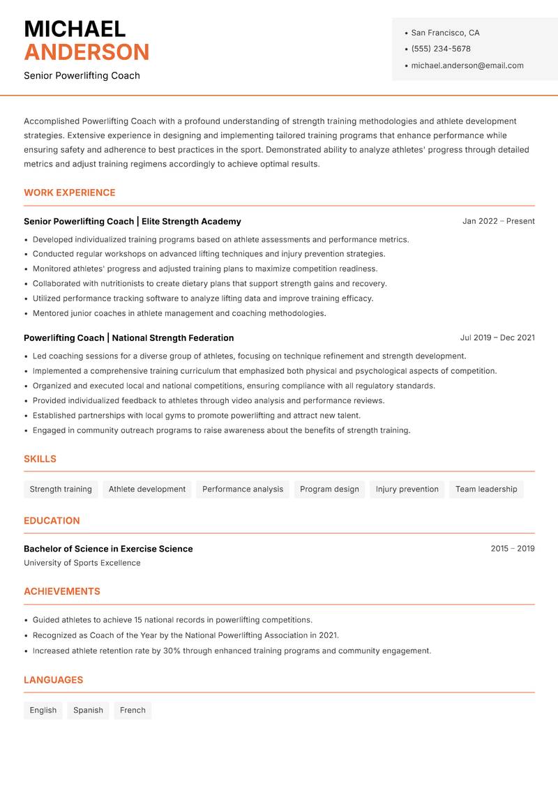Powerlifting Coach resume sample — Senior Powerlifting Coach focus