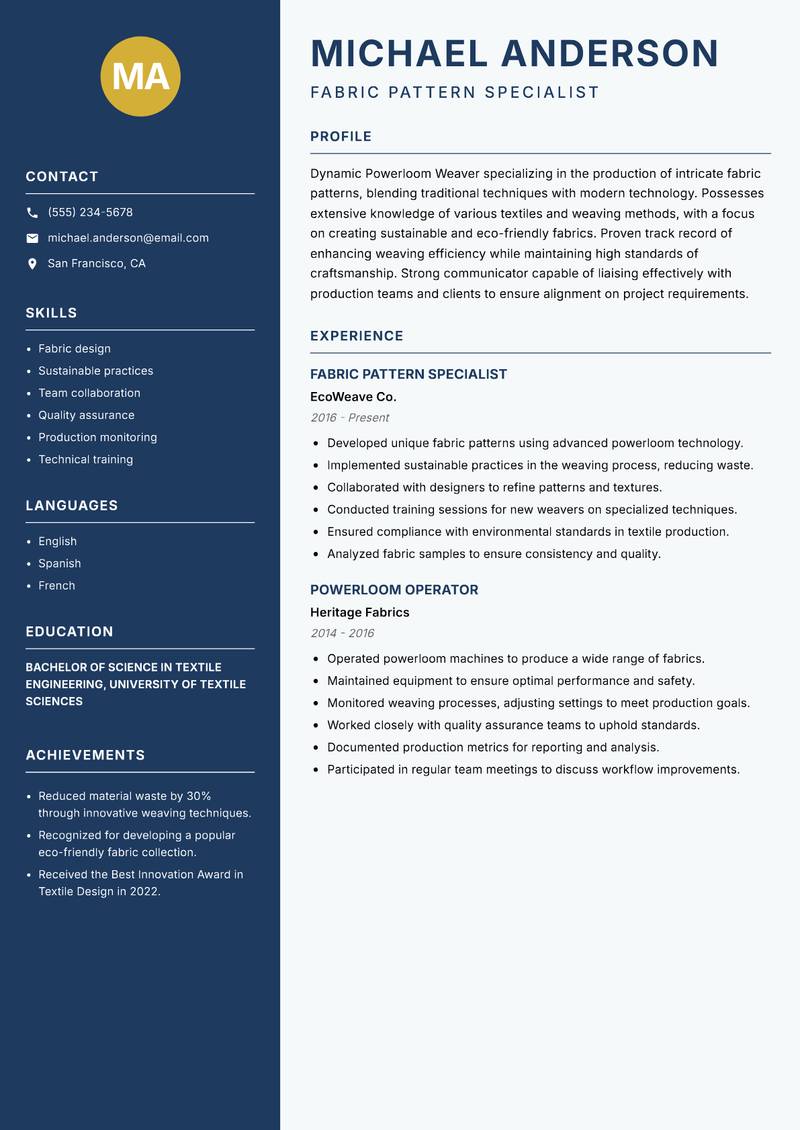 Powerloom Weaver resume sample — Fabric Pattern Specialist focus