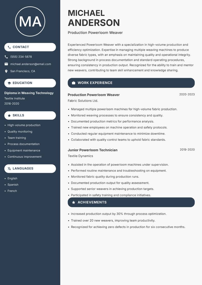 Powerloom Weaver resume sample — Production Powerloom Weaver focus