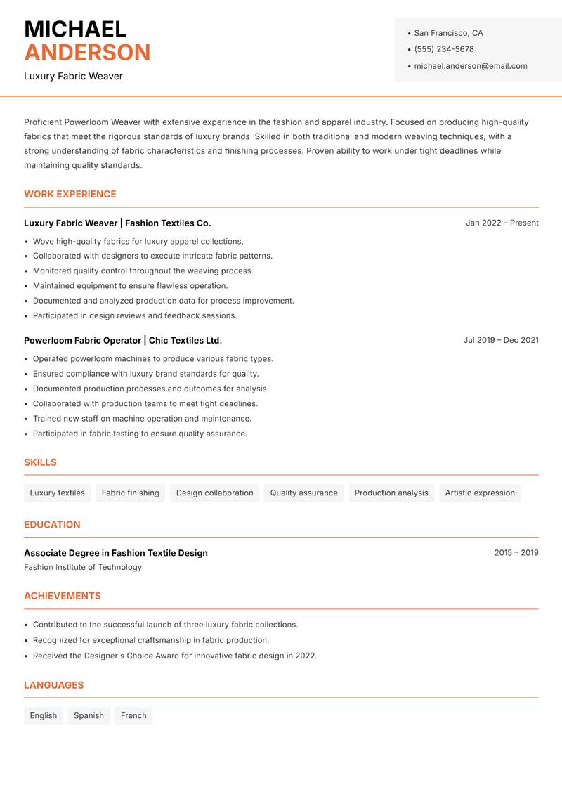 Powerloom Weaver resume sample — Luxury Fabric Weaver focus