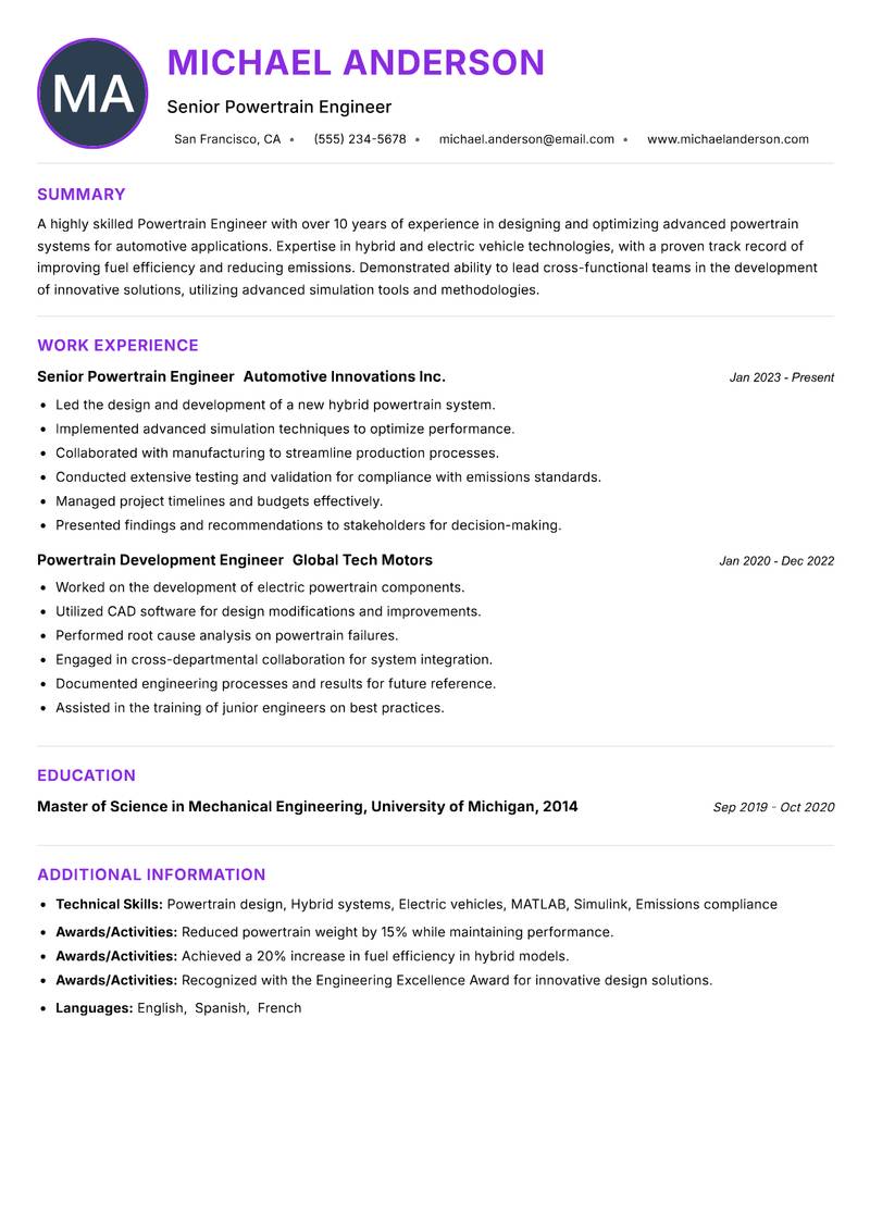 Powertrain Engineer resume example