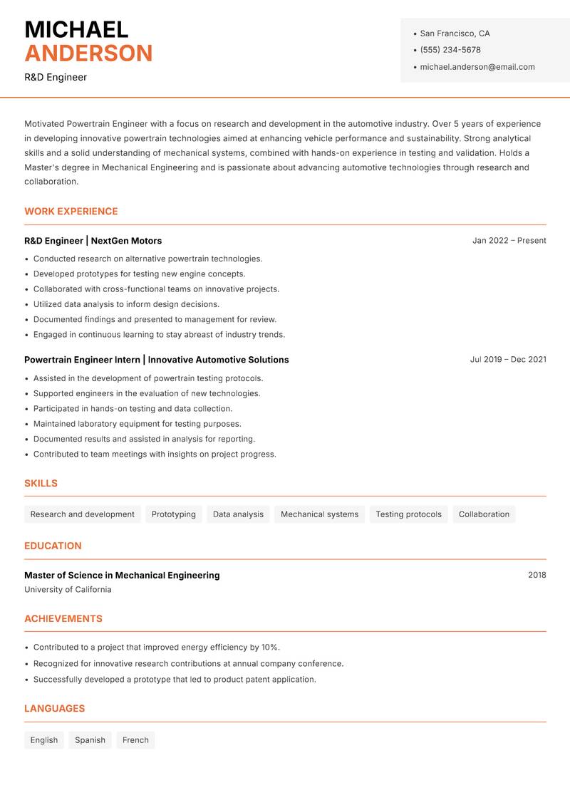 Powertrain Engineer resume sample — R&D Engineer focus