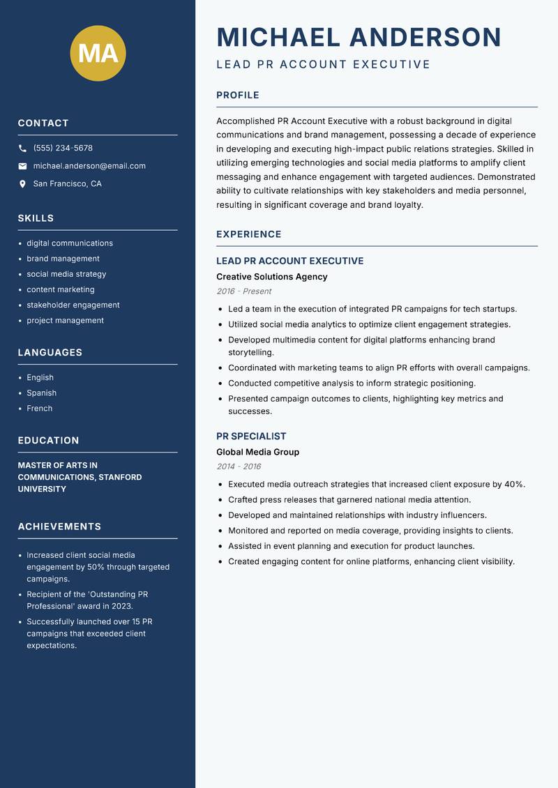 PR Account Executive resume sample — Lead PR Account Executive focus