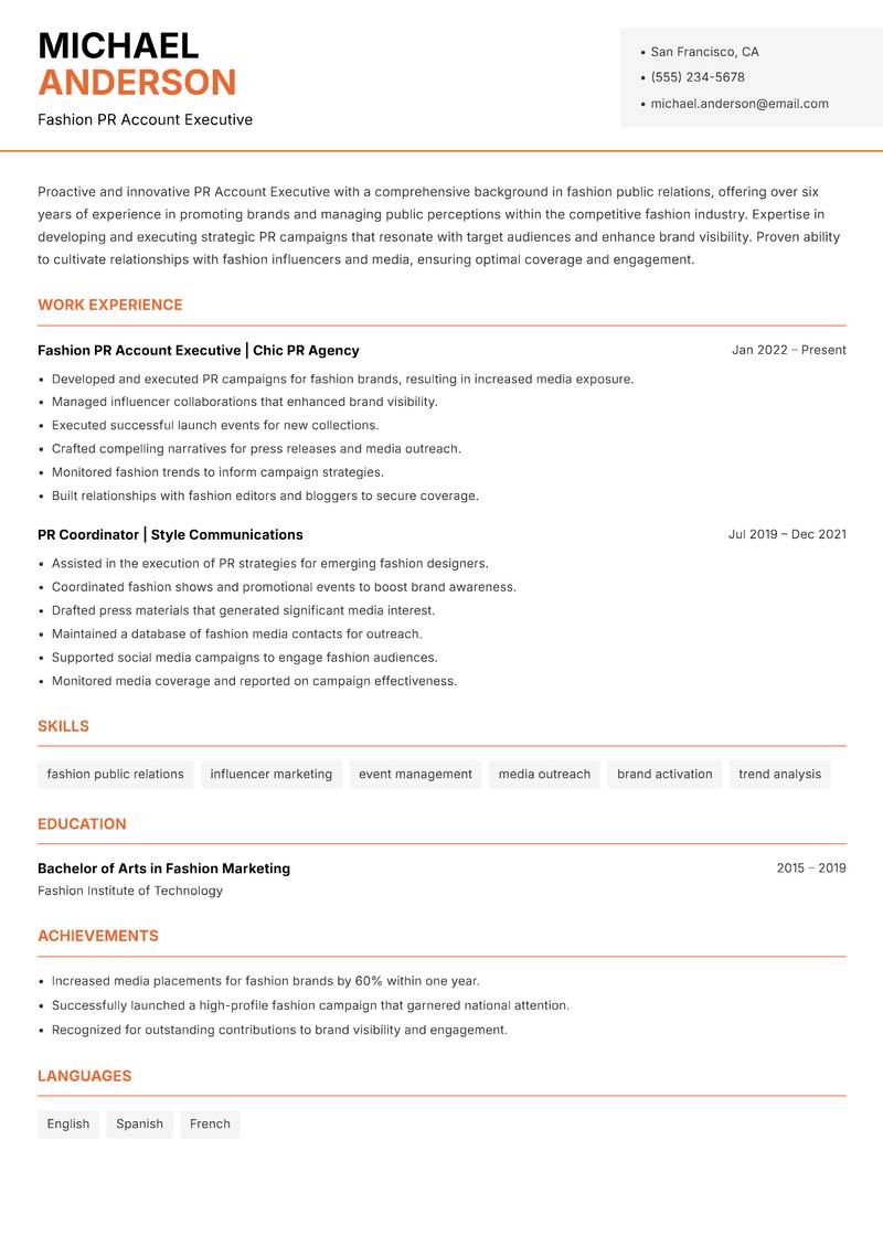 PR Account Executive resume sample — Fashion PR Account Executive focus