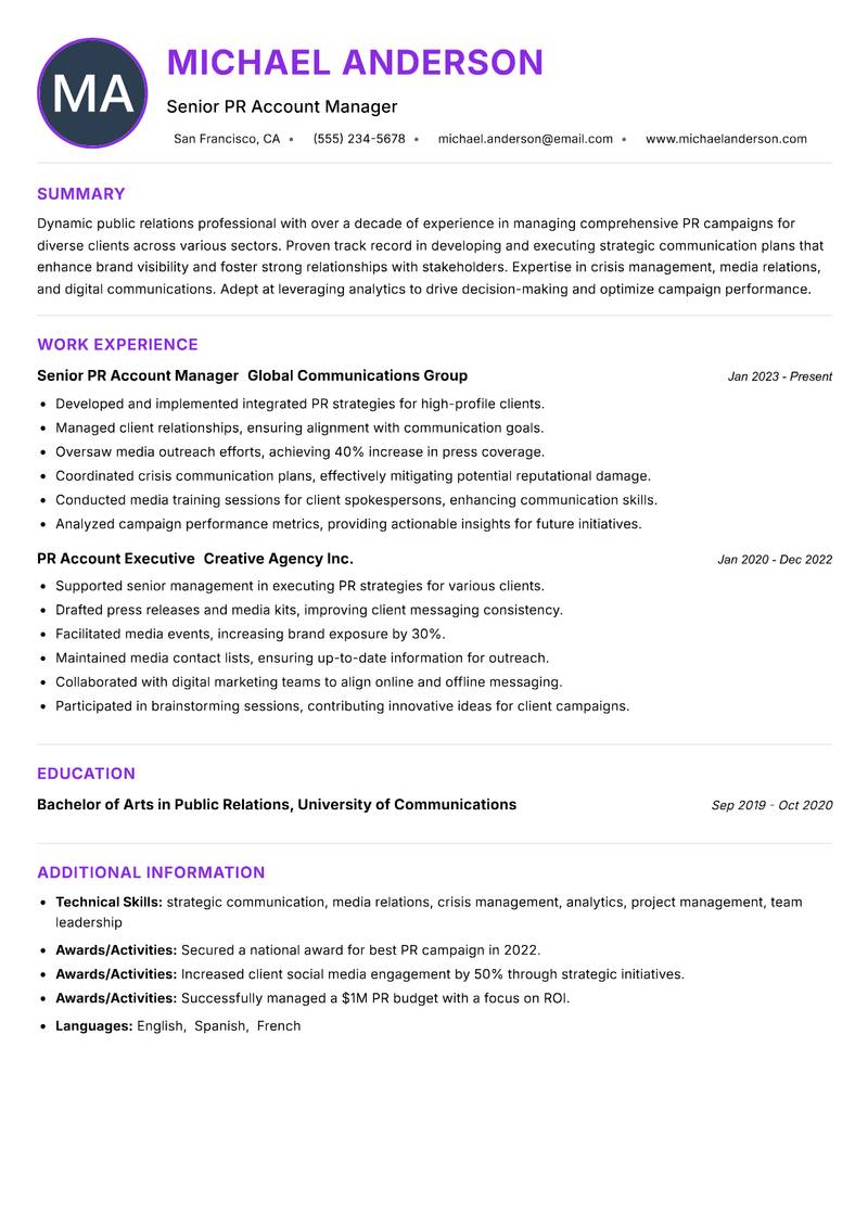 PR Account Manager resume example