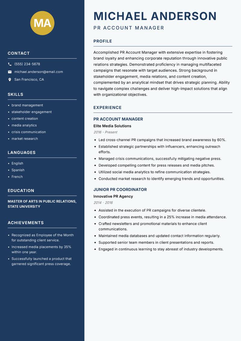 PR Account Manager resume sample — PR Account Manager focus